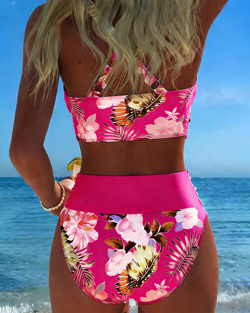 Contrast Floral Print Bikini with Cutout