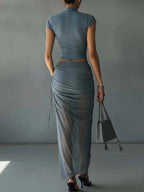 Jasmine | Cropped Tee & Sheer Mesh Draped Skirt Set