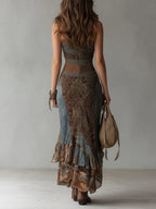 Elena - Long one-shoulder printed dress in ethnic style with high slit