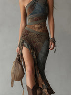 Elena - Long one-shoulder printed dress in ethnic style with high slit