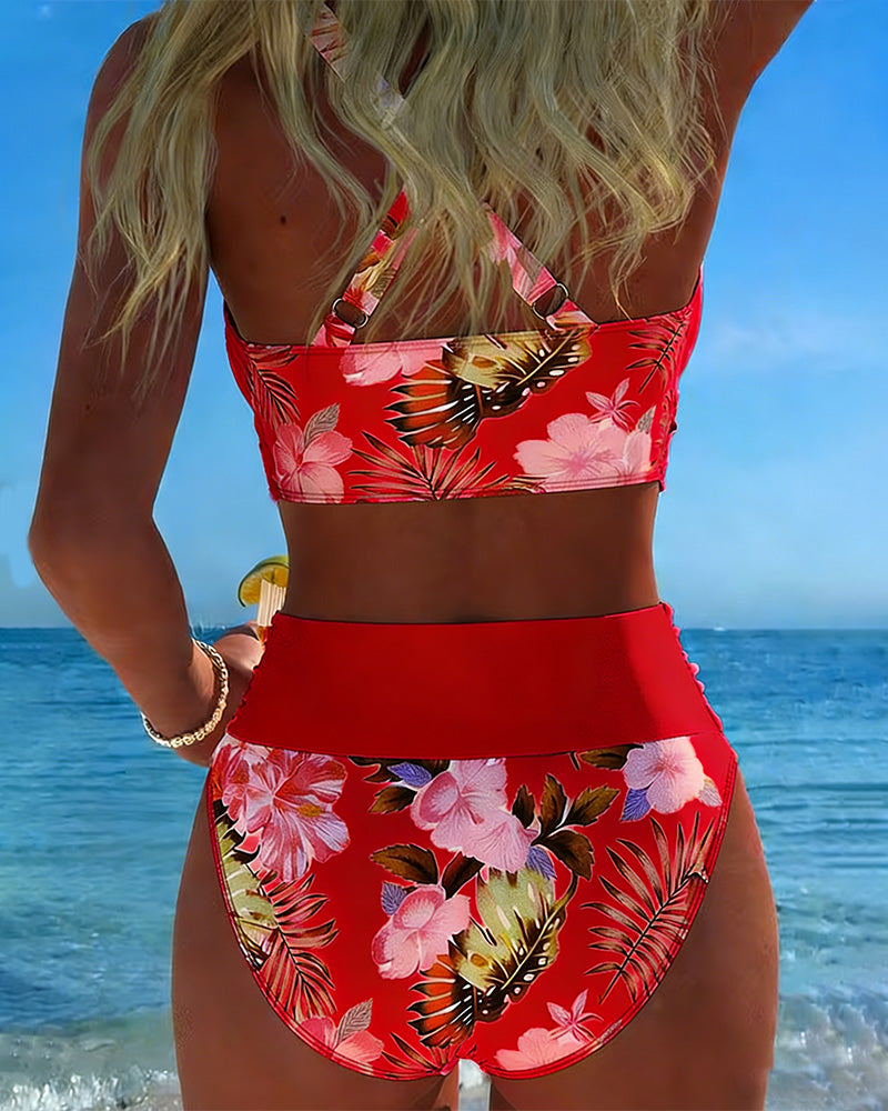 Contrast Floral Print Bikini with Cutout