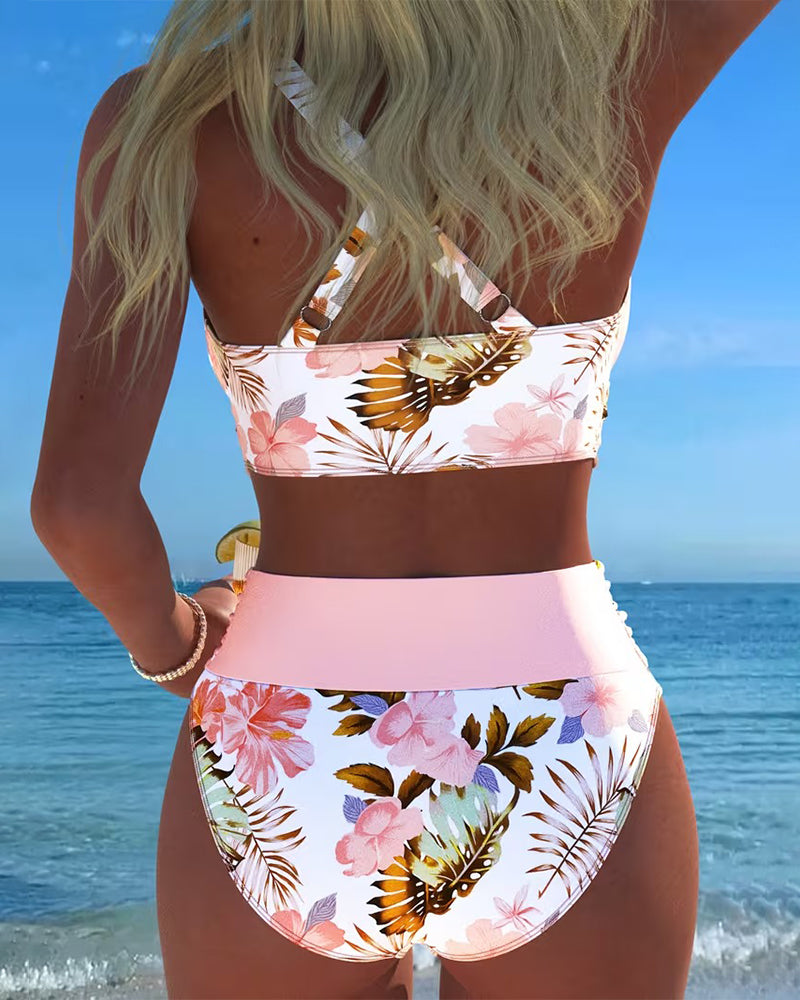 Contrast Floral Print Bikini with Cutout