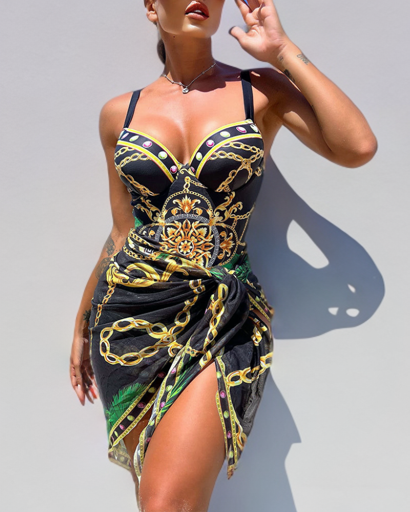 Darius - One-piece swimsuit with push-up effect and matching beach skirt