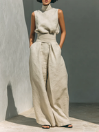 Aurora | Set consisting of a sleeveless beige top in a cotton-linen blend and wide-leg pants