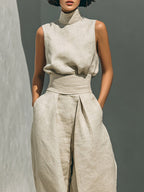 Aurora | Set consisting of a sleeveless beige top in a cotton-linen blend and wide-leg pants