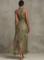 Serena - Long floral green chiffon dress with halter neckline