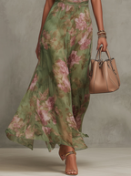 Serena - Long floral green chiffon dress with halter neckline