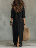 Alessia – Soft Black Buttoned Maxi Dress